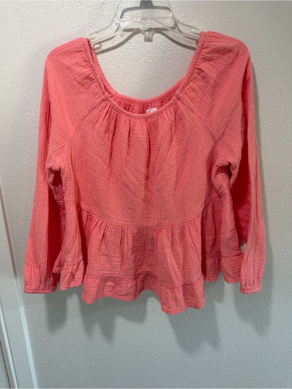 Girls Coral Pink Long-Sleeve Peasant Top